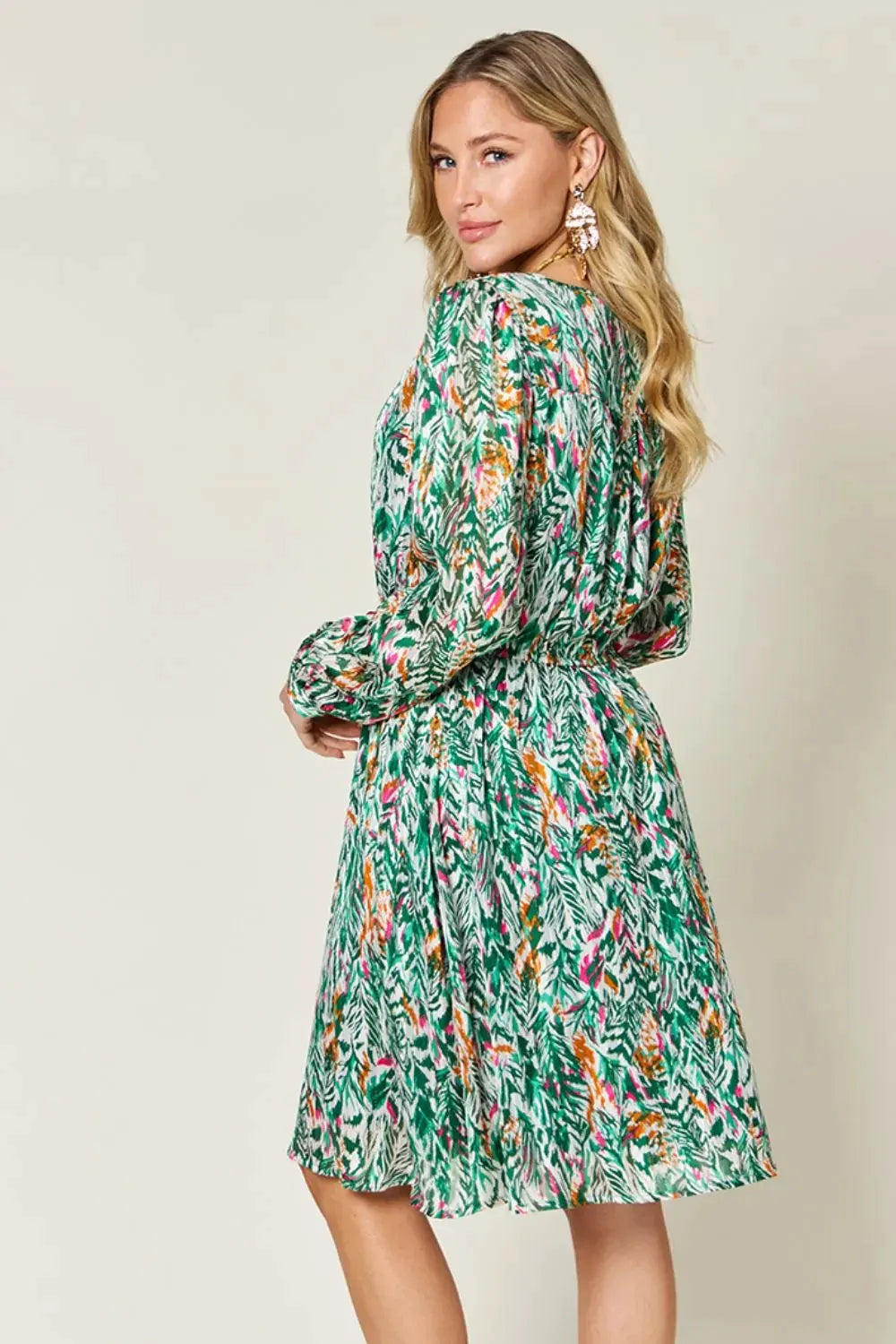 Double Take Full Size Printed Drawstring Waist Long Sleeve Dress by Double Take