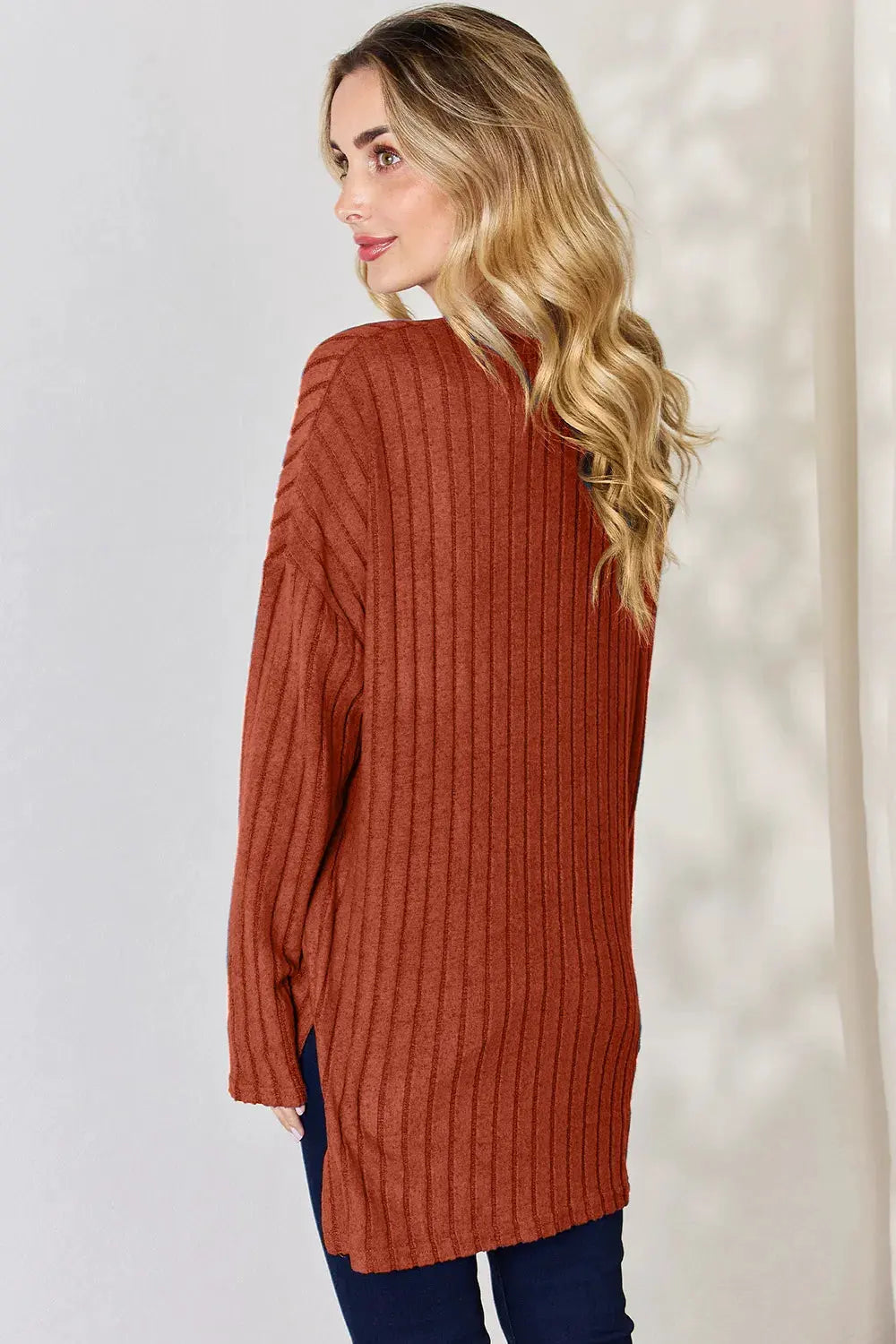 Basic Bae Full Size Ribbed Half Button Long Sleeve High-Low T-Shirt by Basic Bae