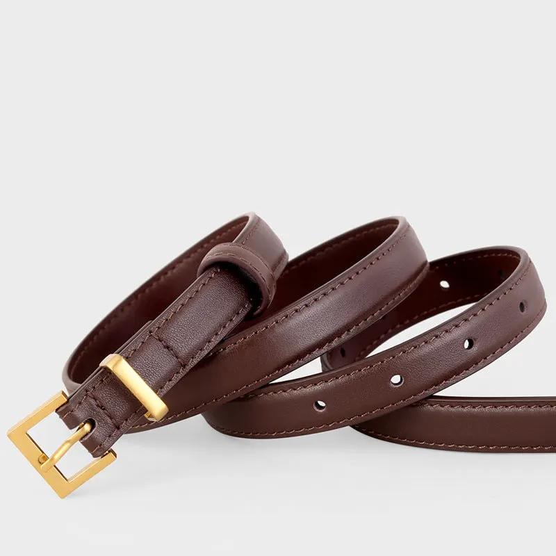 Leather Skinny Belt with Golden Buckle by Trendsi