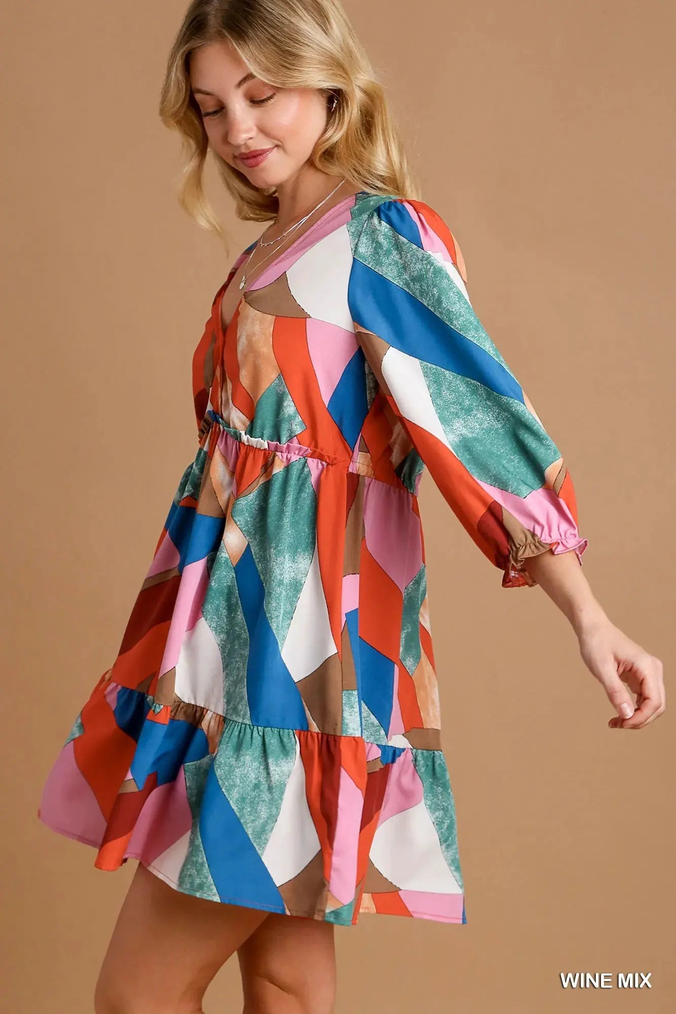 Umgee Abstract V-Neck Tiered Printed Dress by Umgee