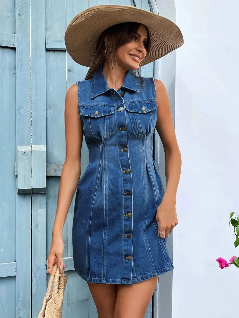 Pocketed Button Up Sleeveless Denim Dress by Partner Label