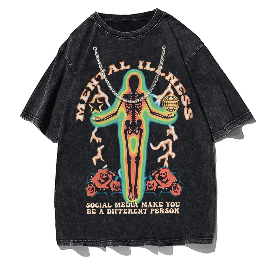 Skeleton Rose Graphic Vintage Washed Cotton T-Shirt Streetwear by Vimost Shop