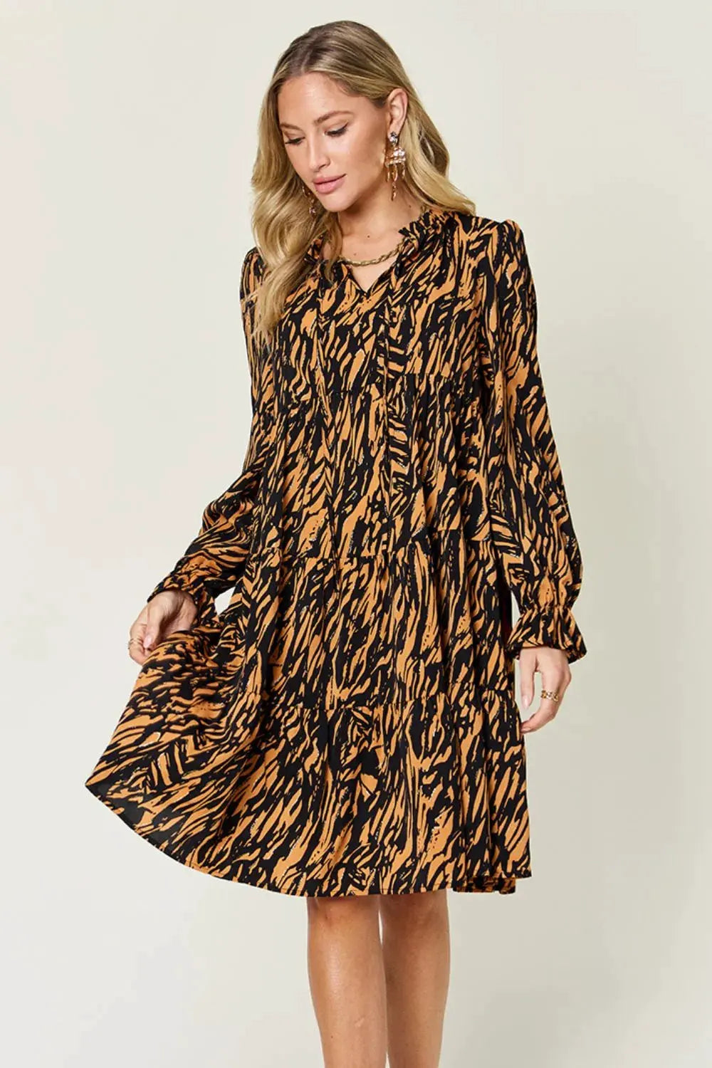 Double Take Full Size Printed Ruffle Hem Long Sleeve Dress by Double Take