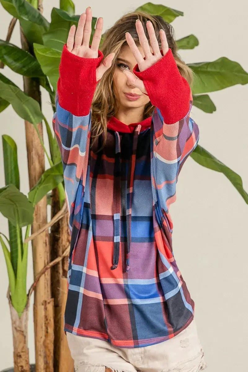 BiBi Plaid Mirr Brushed Rib Contrast Thumb Open Hoodie by BiBi