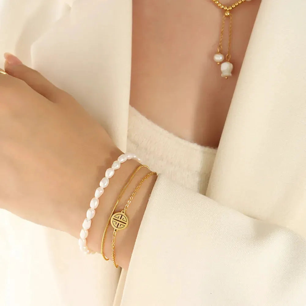 Titanium Steel Three-Layered Pearl Bracelet by Partner Label