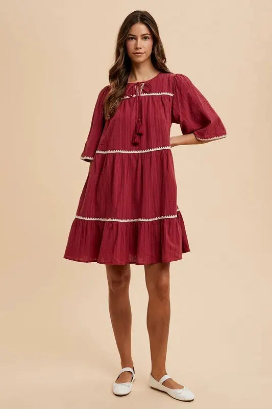 Annie Wear Tassel Contrast Trim Tie Neck Half Sleeve Tiered Dress by Annie Wear