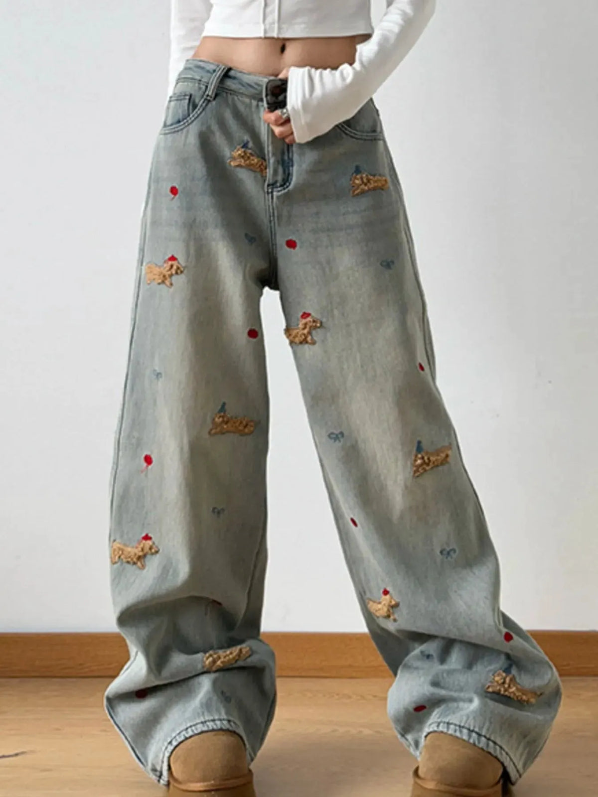 Embroidered Wide Leg Jeans by Partner Label