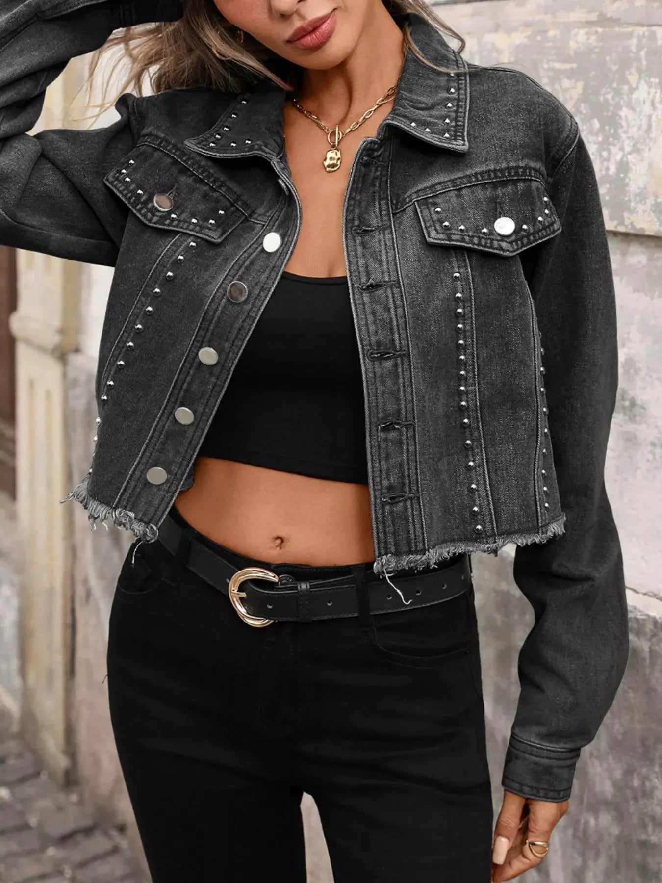 Studded Raw Hem Denim Jacket by Partner Label