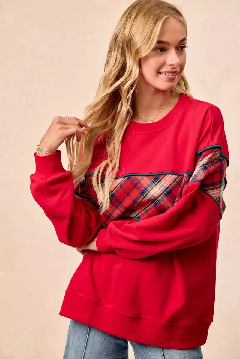 BiBi Christmas Theme Plaid Block Sweatshirt with Binding by BiBi