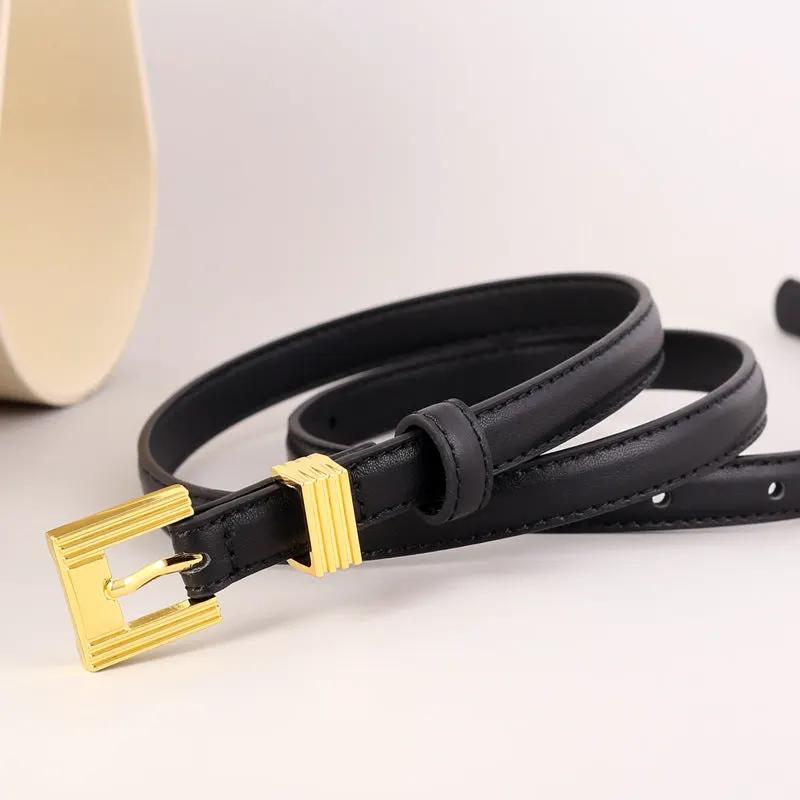 Skinny Leather Belt with Golden Buckle by Trendsi