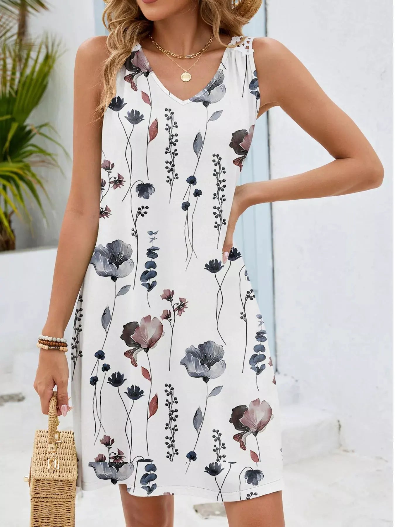 Floral Print V-Neck Crochet Back Mini Dress by Trendsi
