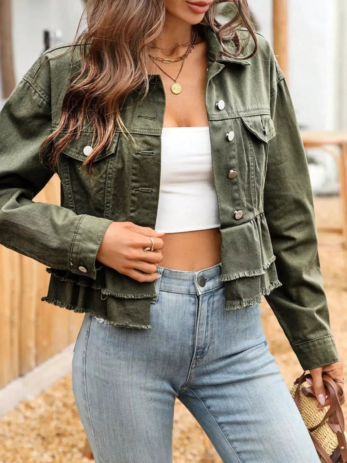 Ruffle Raw Hem Denim Jacket by Partner Label