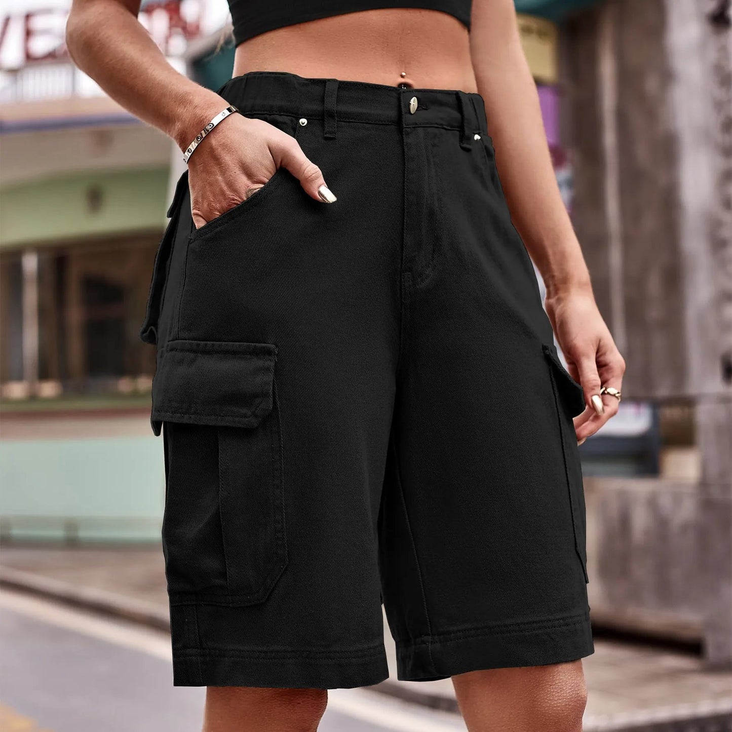 Denim Cargo Shorts with Pockets by Partner Label