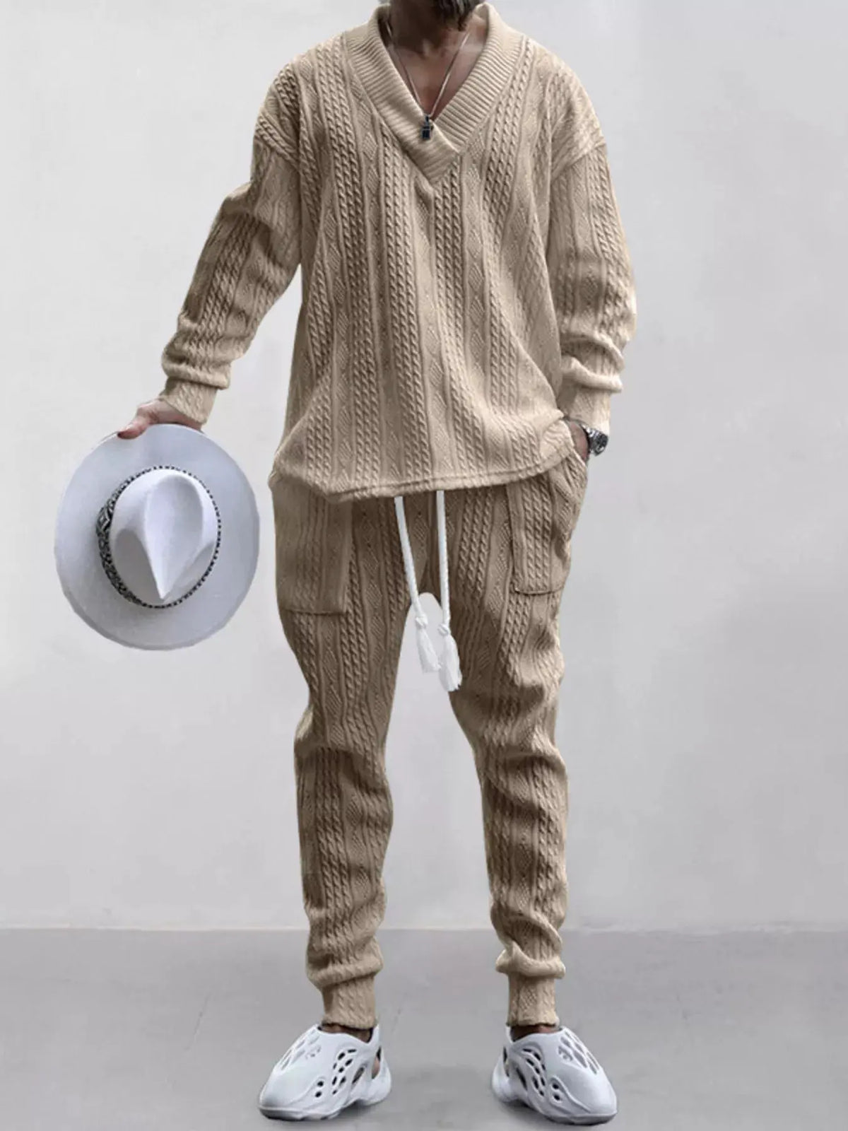 Men's Full Size Texture Knit Dropped Shoulder Top and Pants Set Plus Size by Trendsi