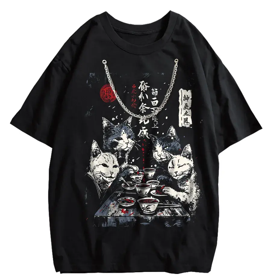 Japanese Cat Cartoon Graphic Baggy T-Shirt Men Streetwear by Vimost Shop