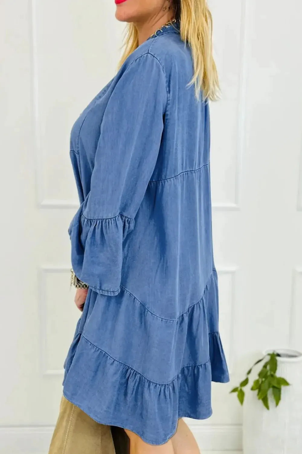 Notched Flare Sleeve Denim Dress by Partner Label