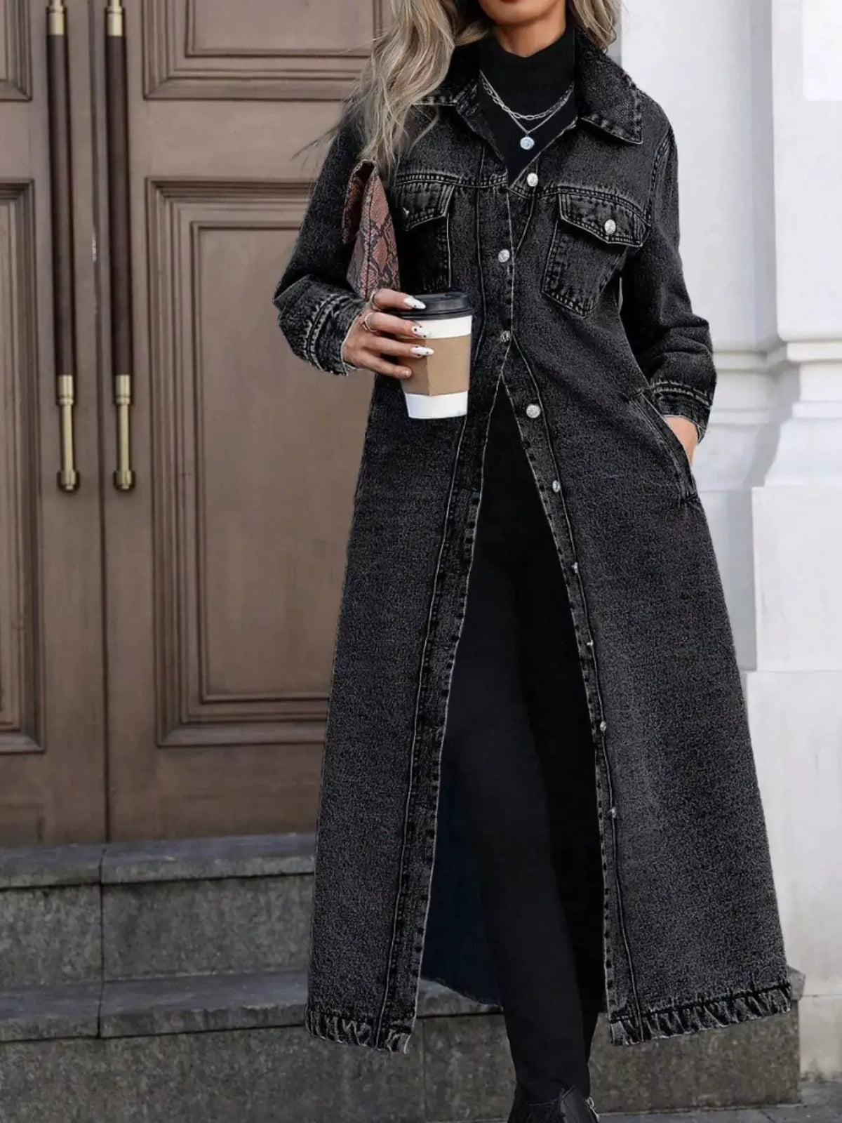 Longline Button-Front Denim Jacket by Partner Label