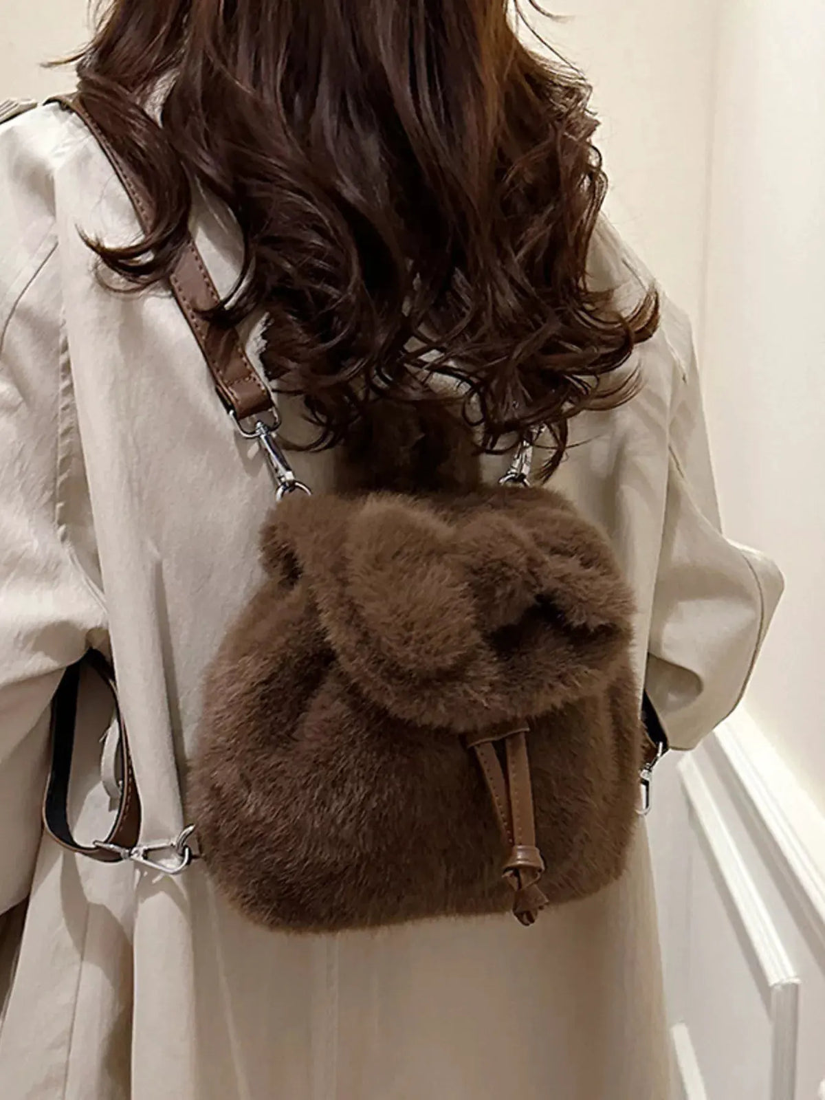 Fuzzy Plush Drawstring Backpack Bag by Partner Label