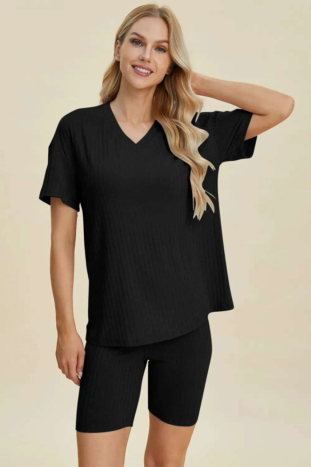 Basic Bae Full Size Ribbed V-Neck Short Sleeve Top and Shorts Set by Basic Bae