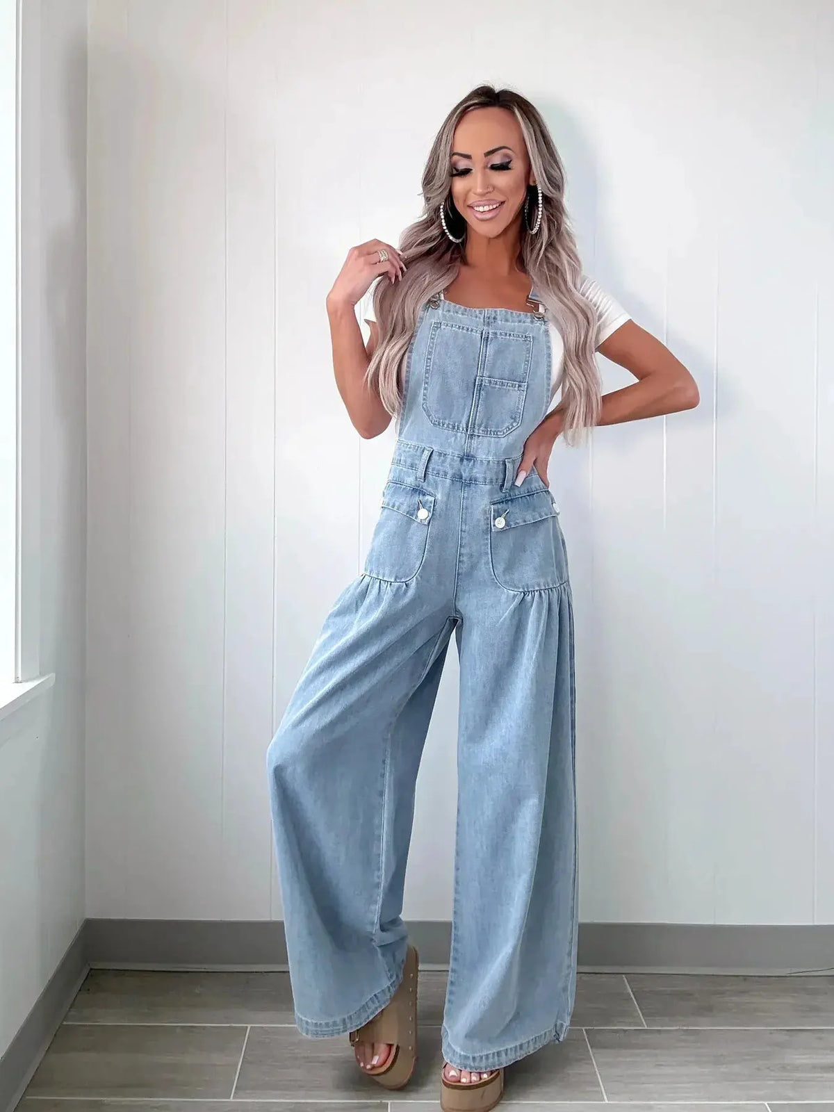 Wide Leg Denim Overalls by Partner Labels