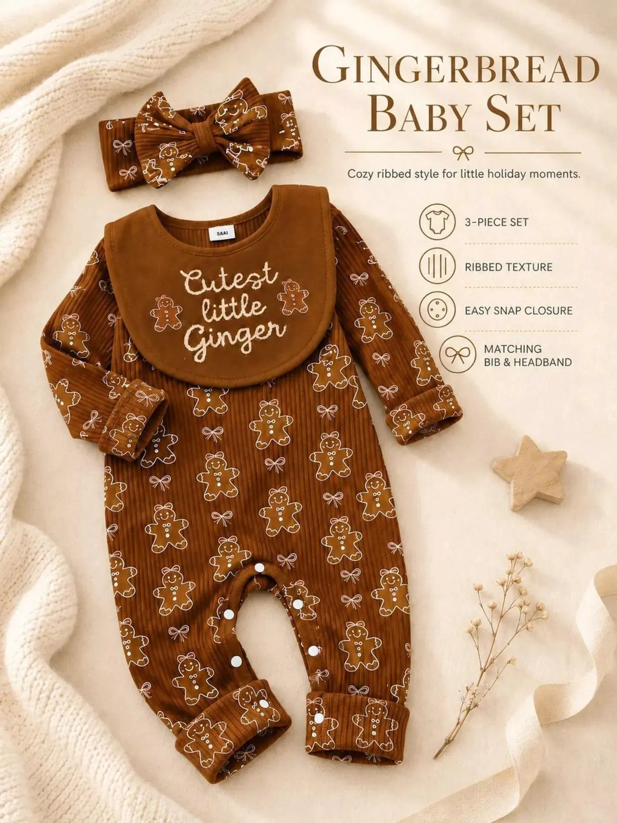 Children's Gingerbread Print Jumpsuit with Headband by Trendsi