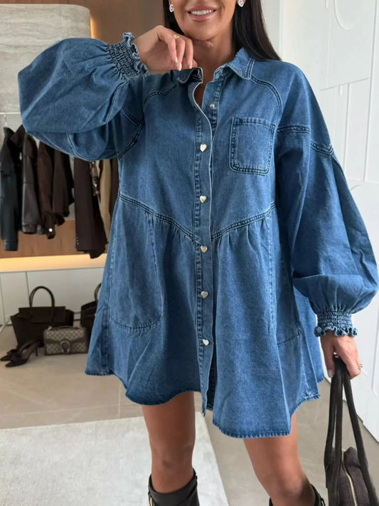 Button Down Mini Denim Dress with Front Pockets by Partner Label