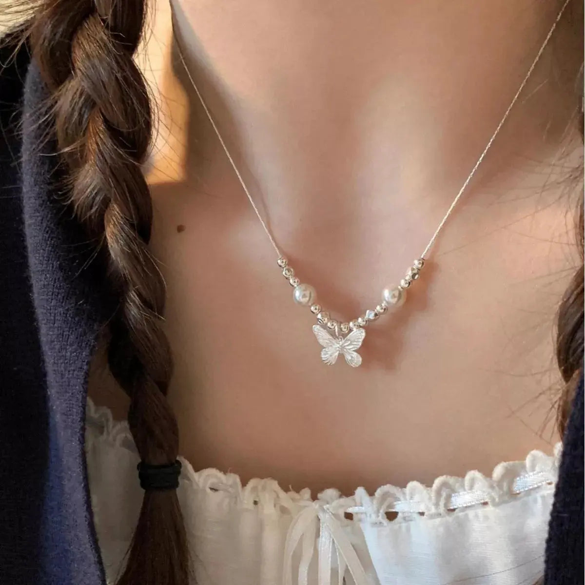 Butterfly Pearl Pendant Necklace by Partner Labels