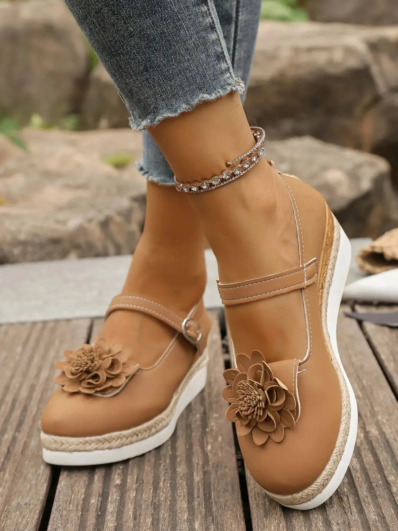 Flower Embellished Mary Jane Loafers by Partner Label