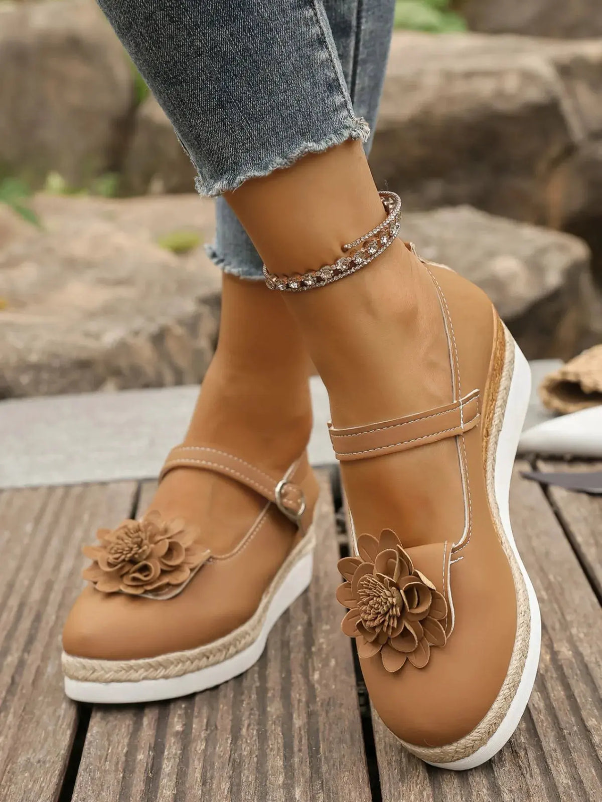 Flower Embellished Mary Jane Loafers by Partner Label