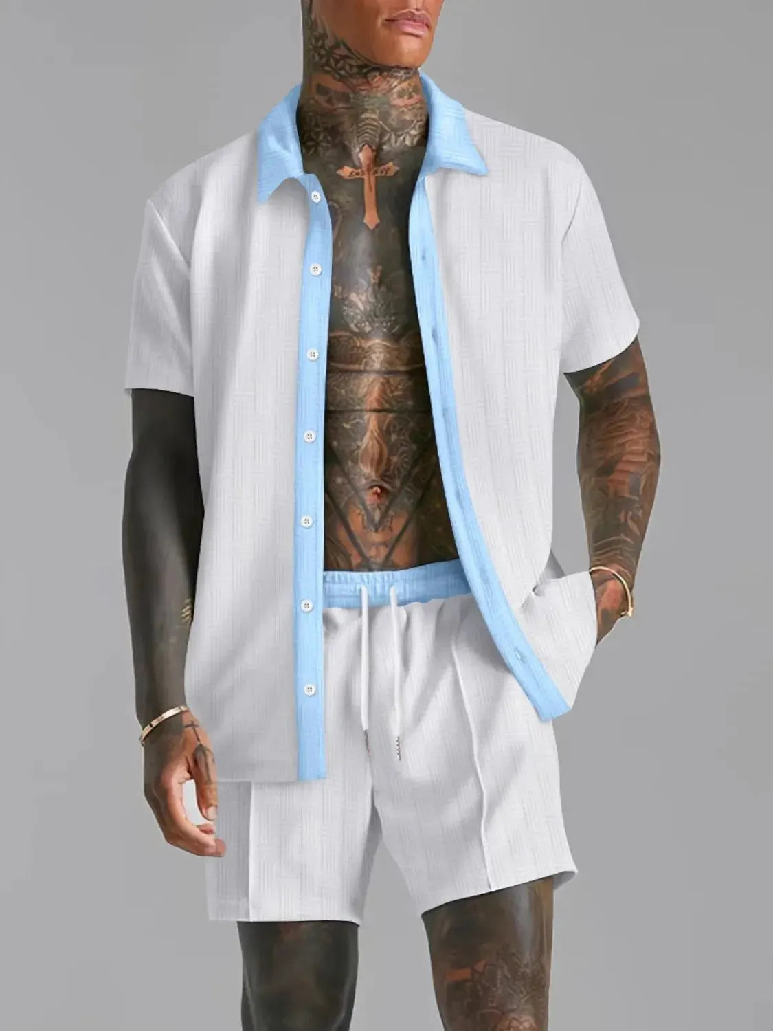 Men's Full Size Collared Neck Short Sleeve Top and Shorts Set Plus Size by Trendsi