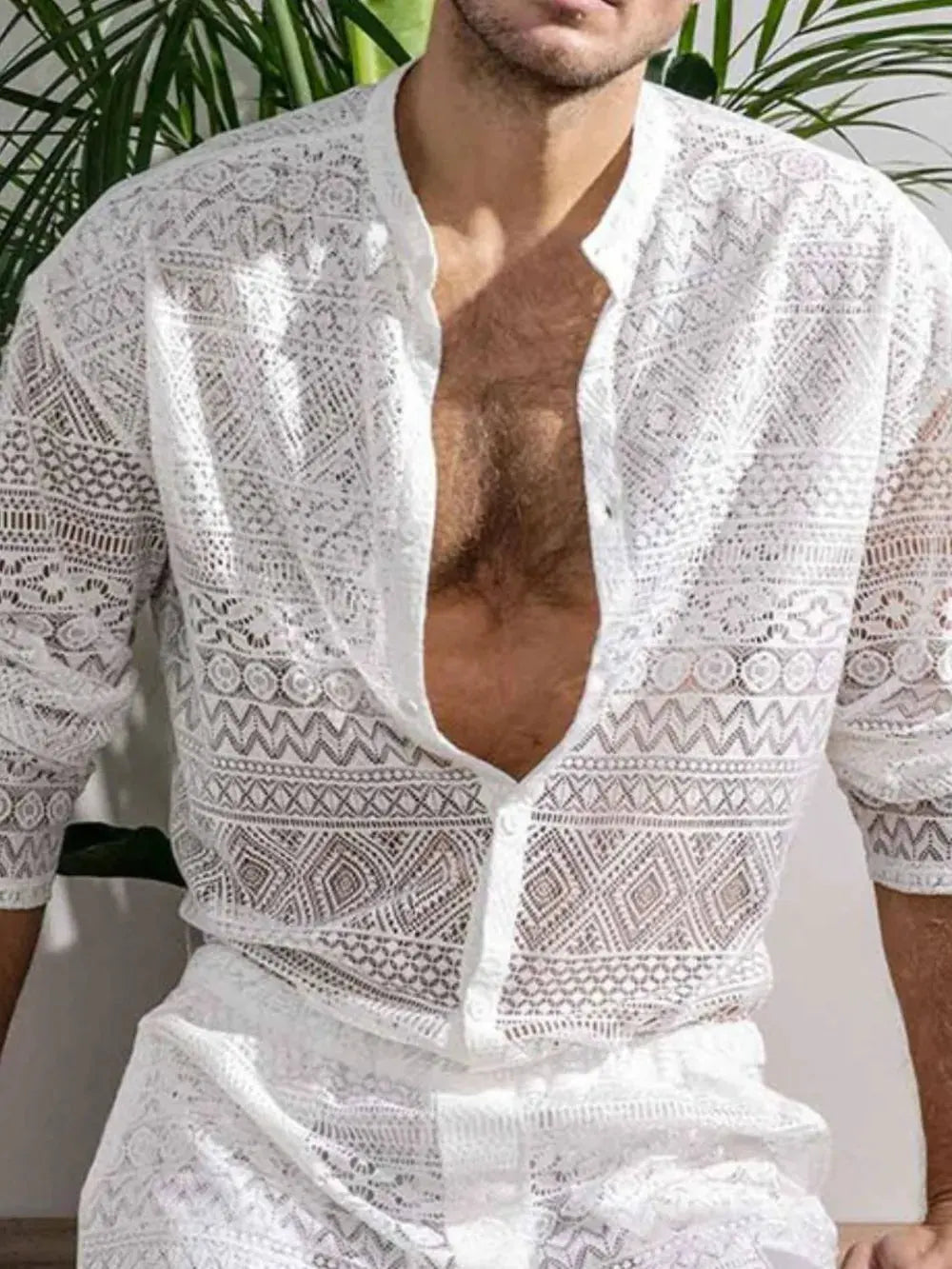 Men's Full Size Lace Button Down Top and Shorts Set Plus Size by Trendsi