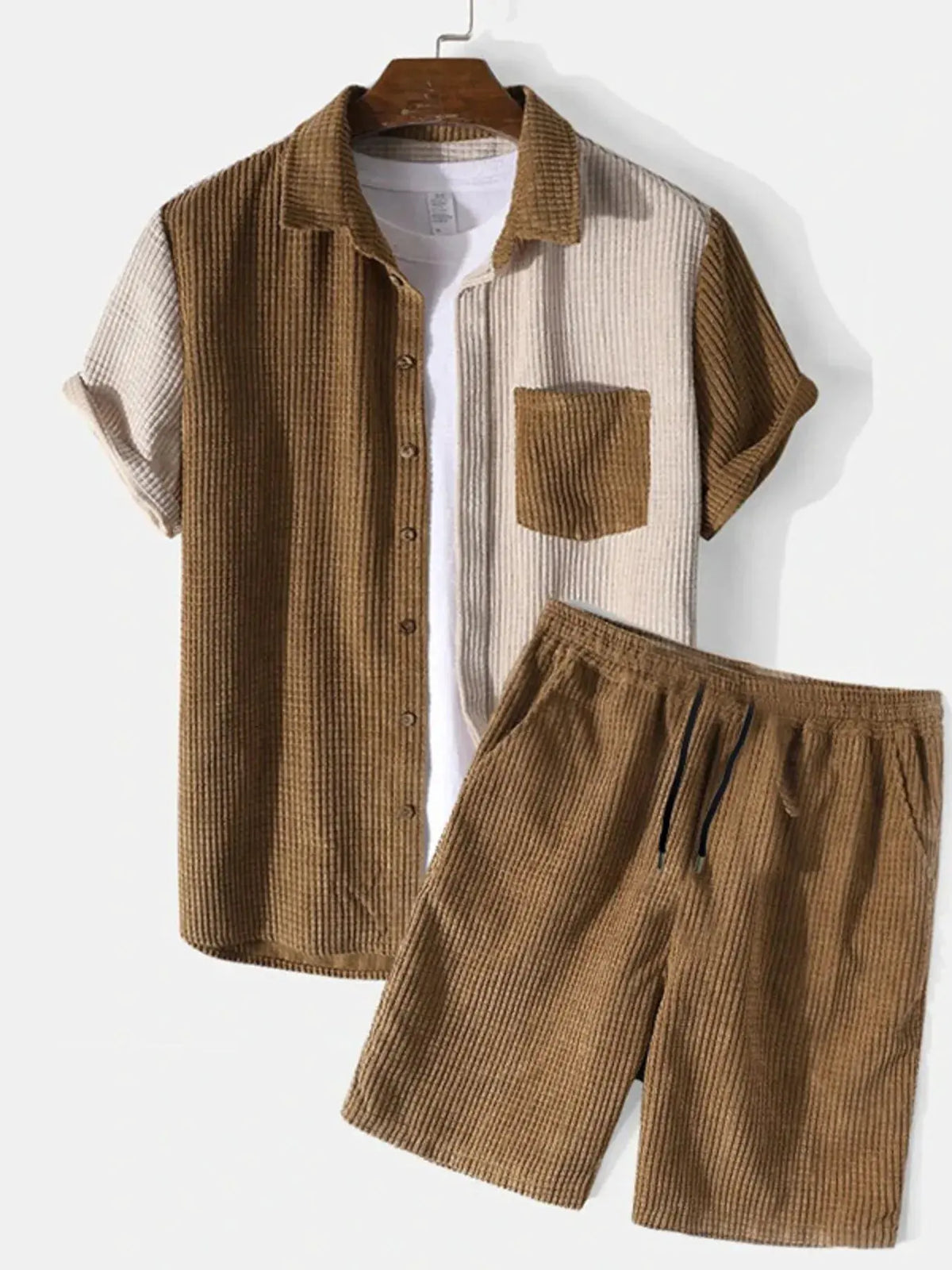 Men's Full Size Color Block Button Up Shirt and Shorts Set Plus Size by Trendsi