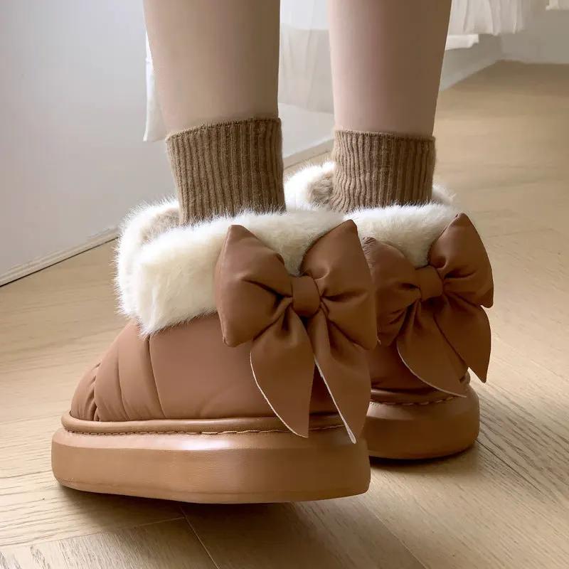 Winter Women Cute Warm Ankle Boots Outdoor Non-slip Thick Sole Snow Boots Furry Bow Cotton Shoes Men Pu Waterproof Plush Boots by Maiden-Art