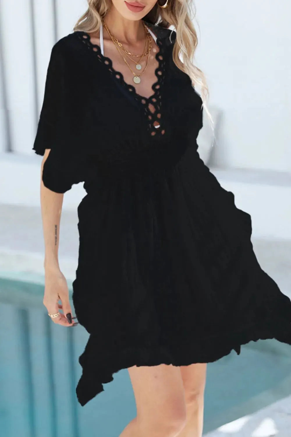 Ruffled Smocked Waist V-Neck Cover-Up by Partner Labels