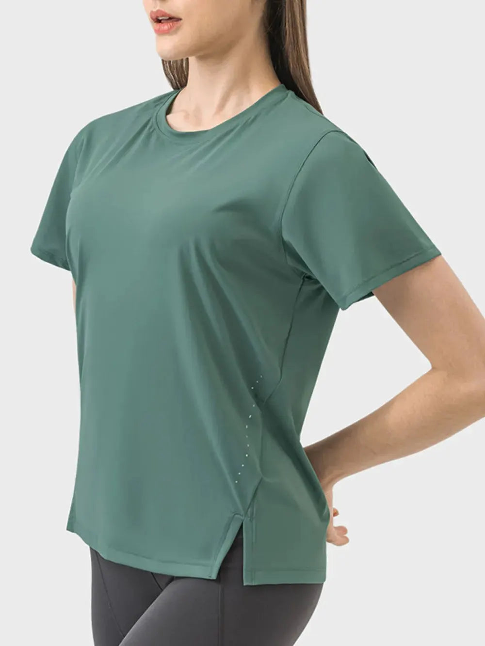 Millennia Slit Round Neck Short Sleeve Active T-Shirt by Millennia