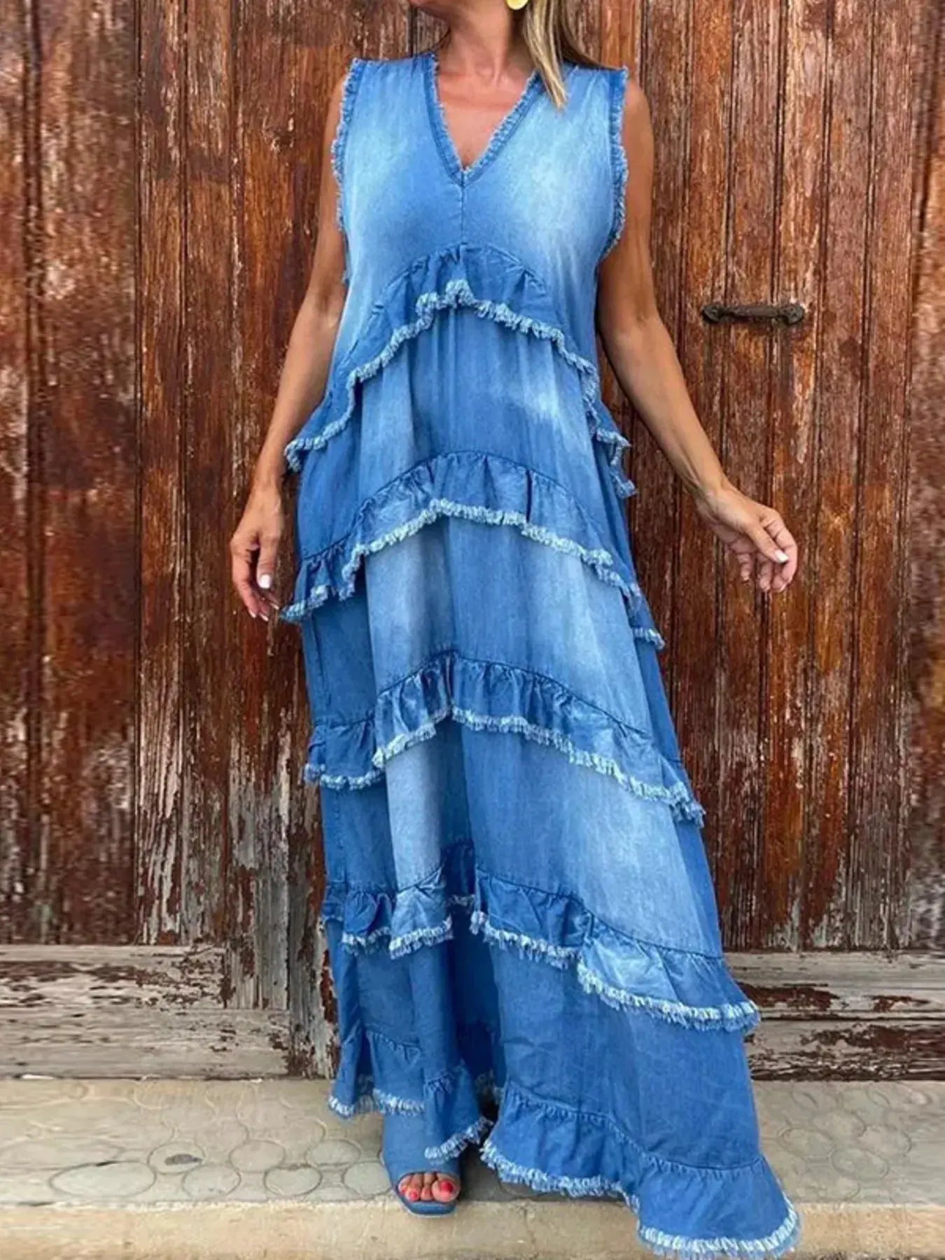 Raw Hem Layered Denim Maxi Dress by Partner Label