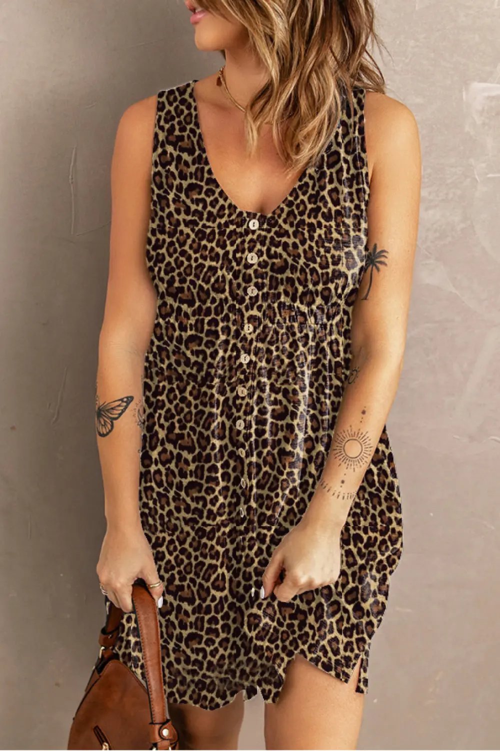 Double Take Printed Scoop Neck Sleeveless Buttoned Magic Dress with Pockets by Double Take