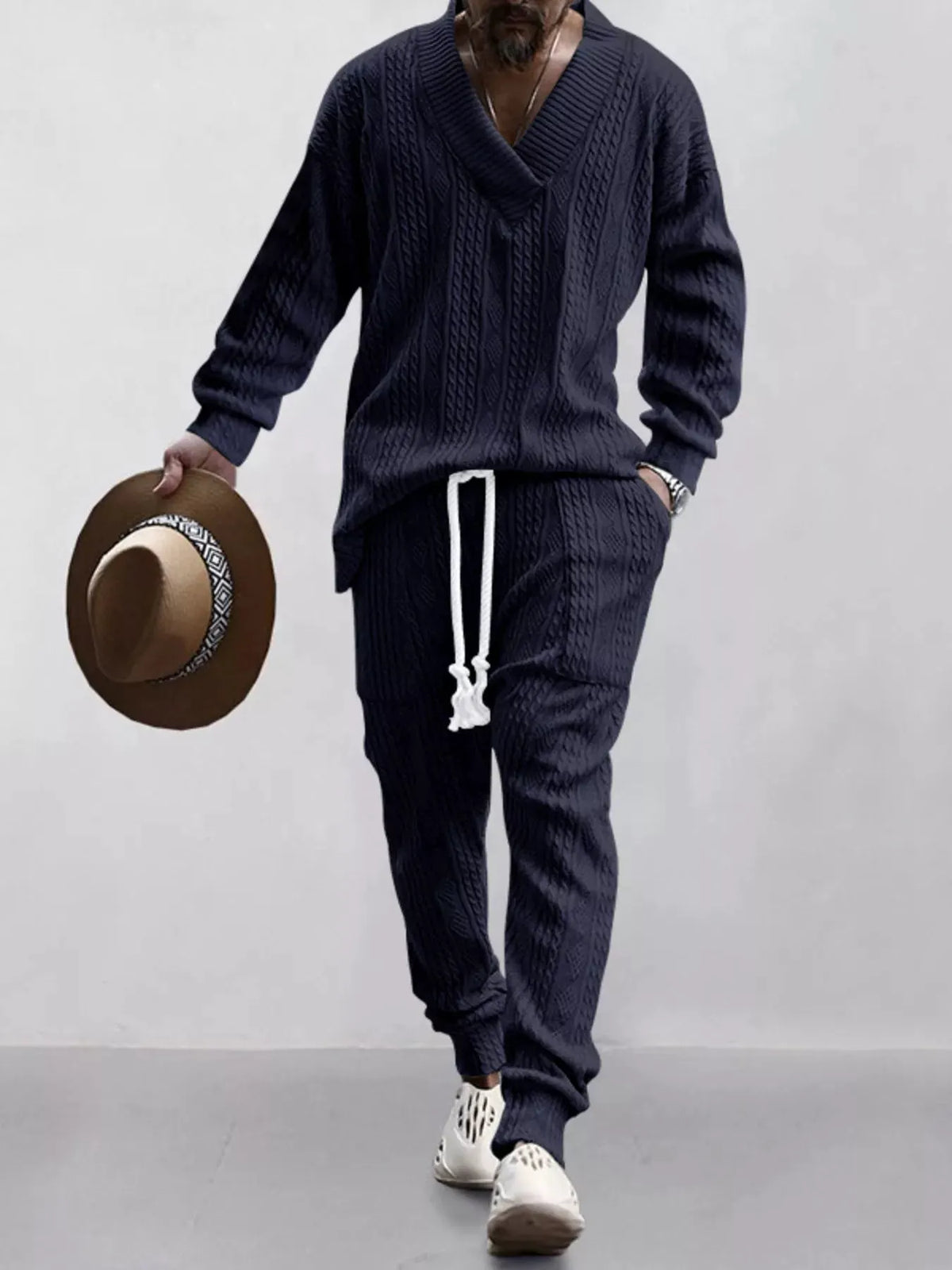 Men's Full Size Texture Knit Dropped Shoulder Top and Pants Set Plus Size by Trendsi