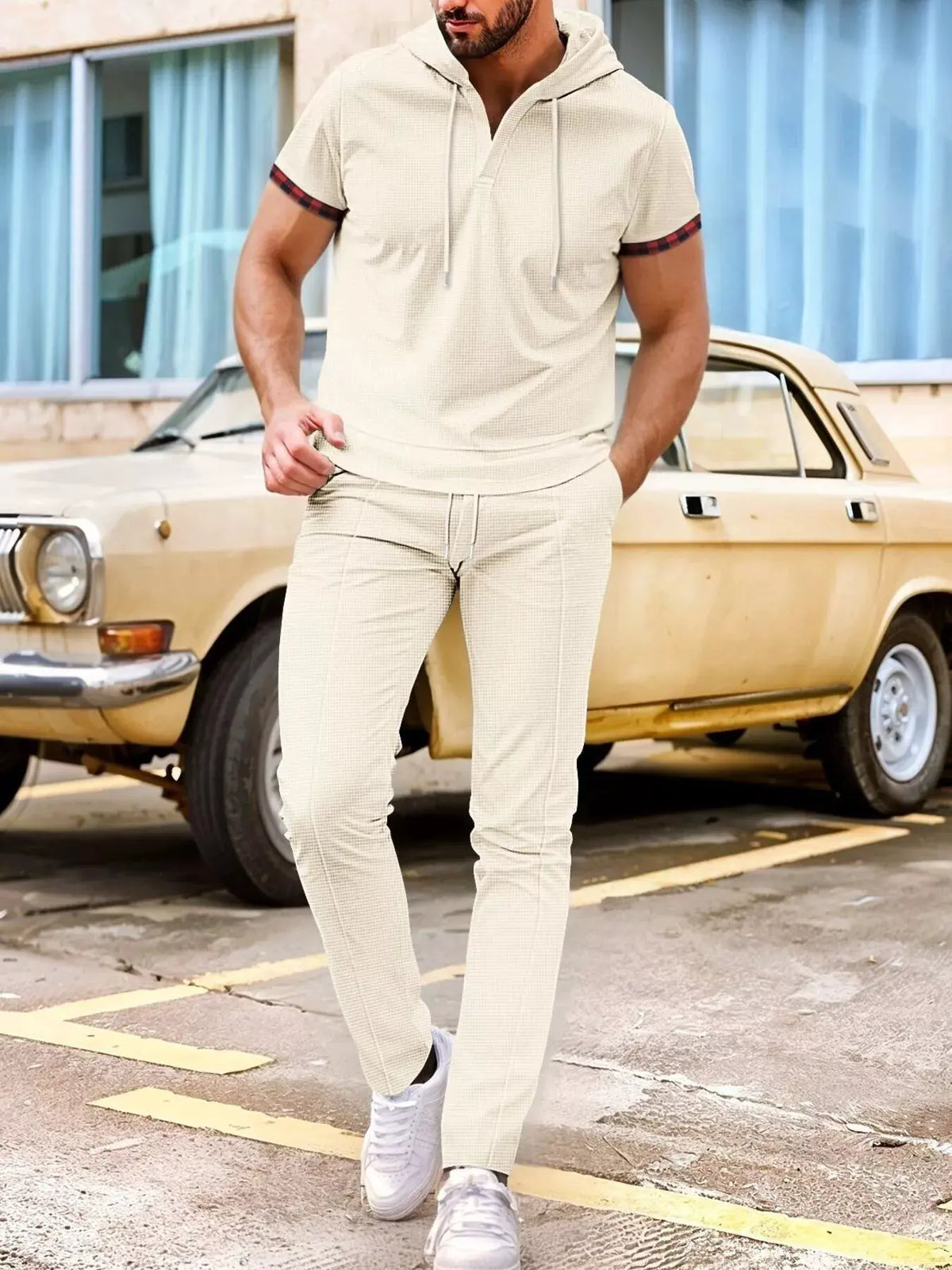 Men's Full Size Casual Short-Sleeve Hoodie and Pants Set Plus Size by Trendsi