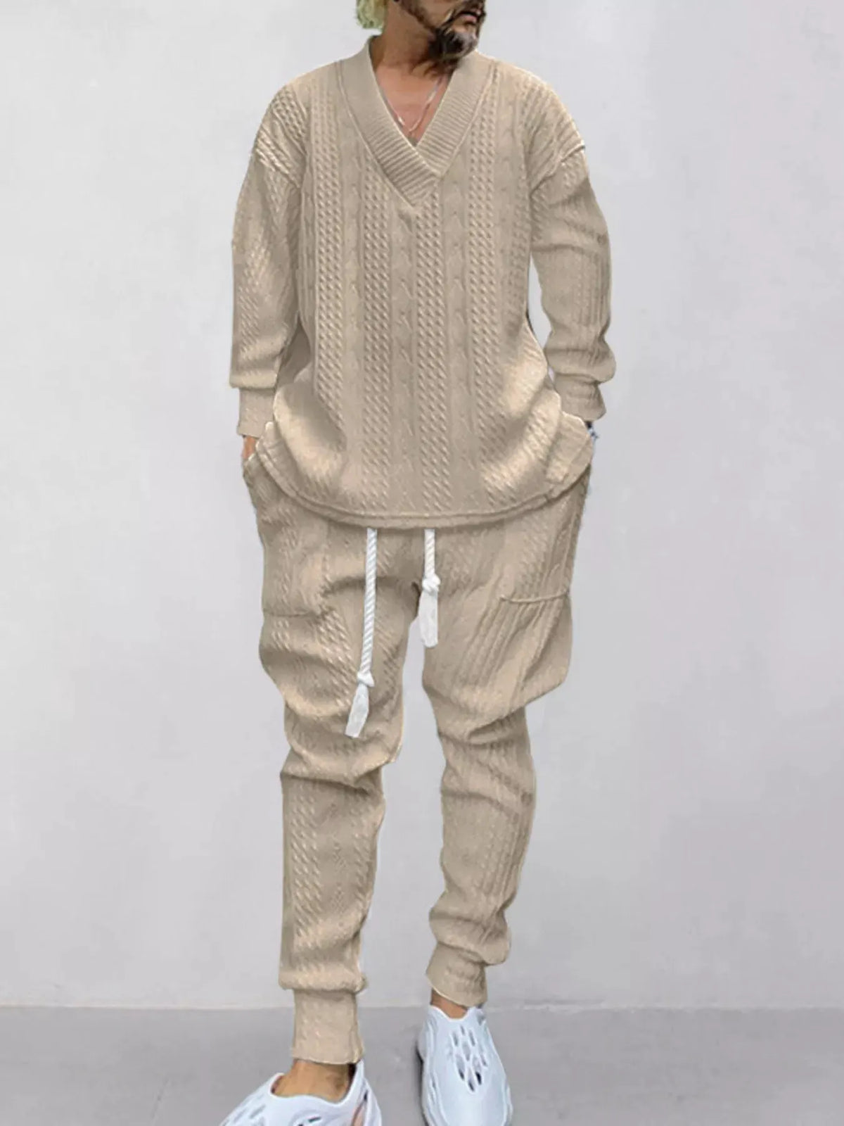 Men's Full Size Texture Knit Dropped Shoulder Top and Pants Set Plus Size by Trendsi