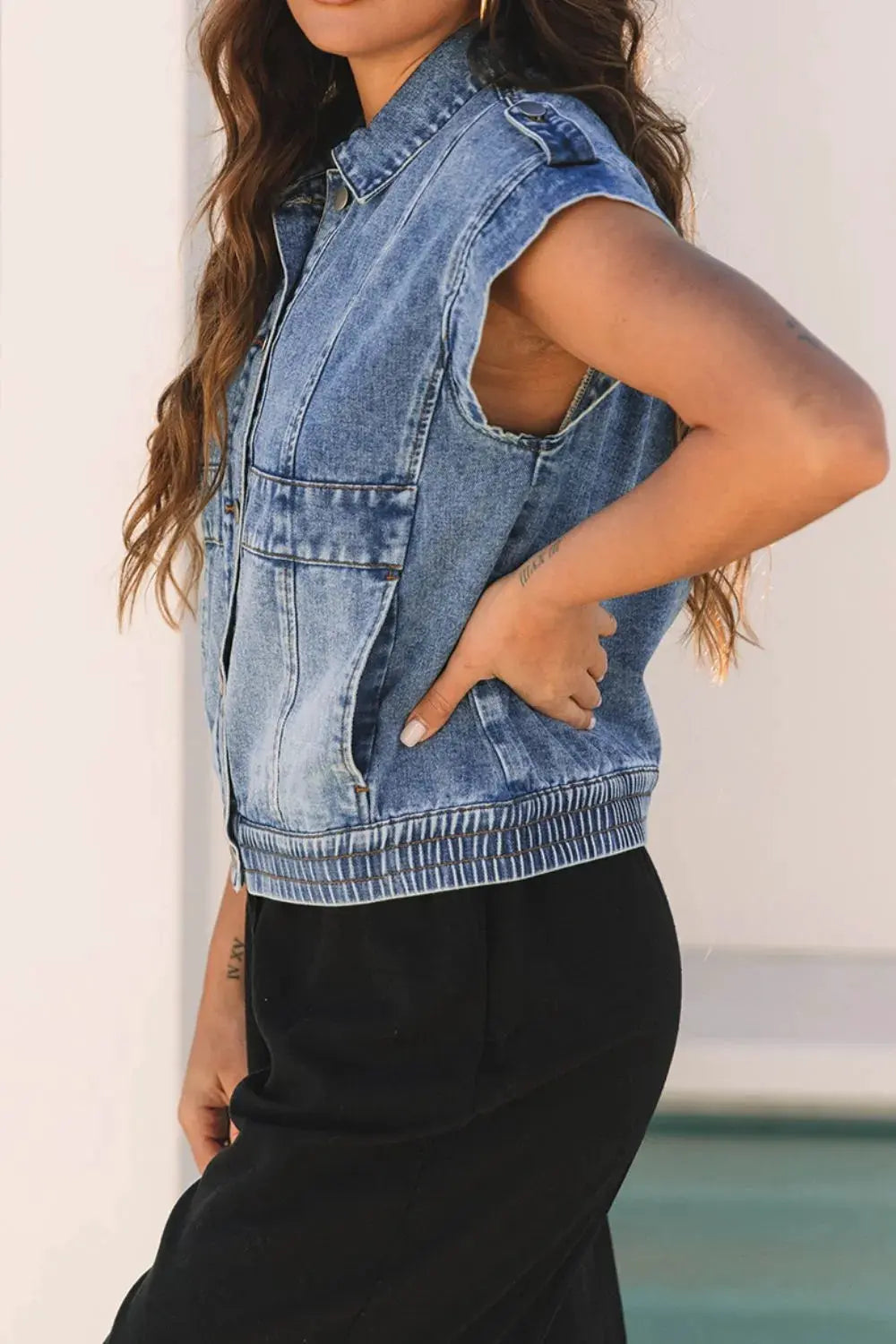 Button Up Cap Sleeve Denim Jacket by Partner Label