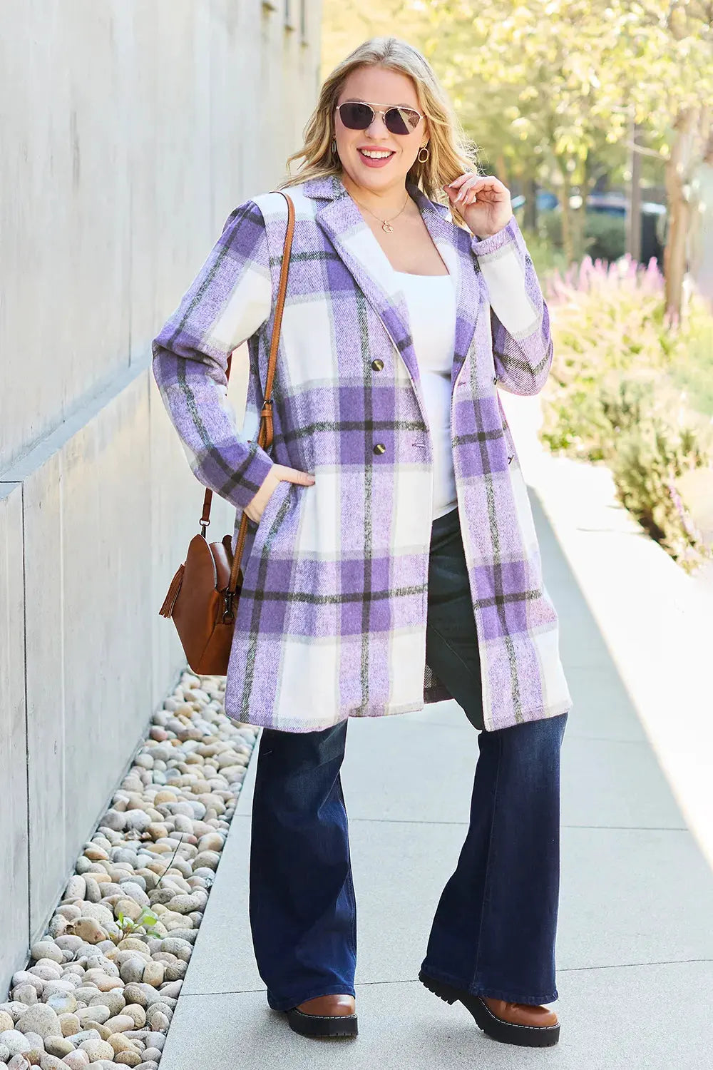 Double Take Full Size Plaid Button Up Lapel Collar Coat by Double Take
