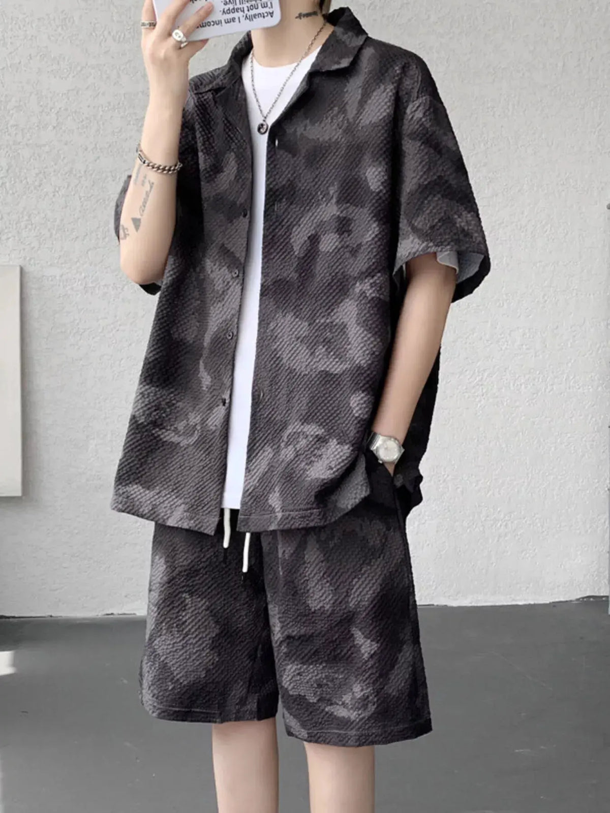 Men's Plus Size Casual Camouflage Print Shirt & Shorts Set by Trendsi