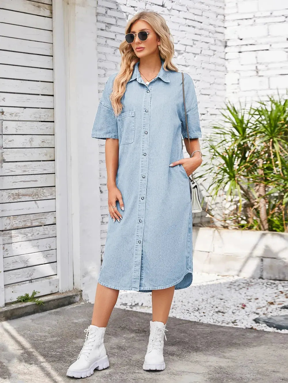 Button Up Dropped Shoulder Denim Dress by Partner Label
