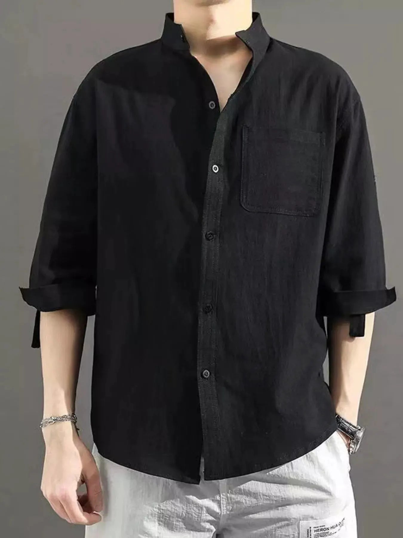 Men's Plus Size Button Up Roll-Up Sleeve Shirt by Trendsi