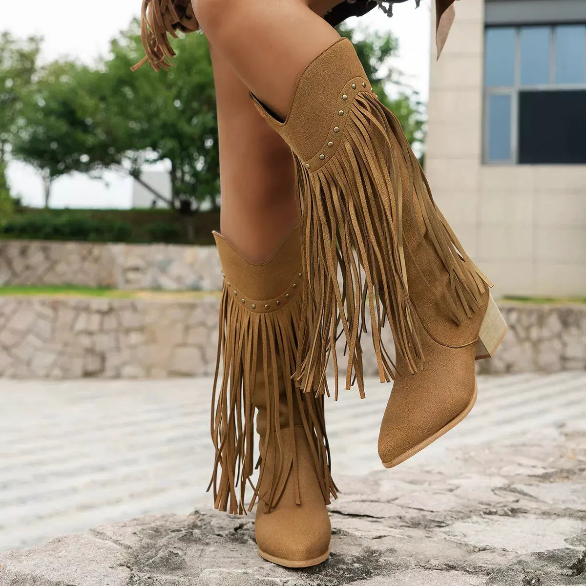Fringe Point Toe Block Heels Boots by Partner Label
