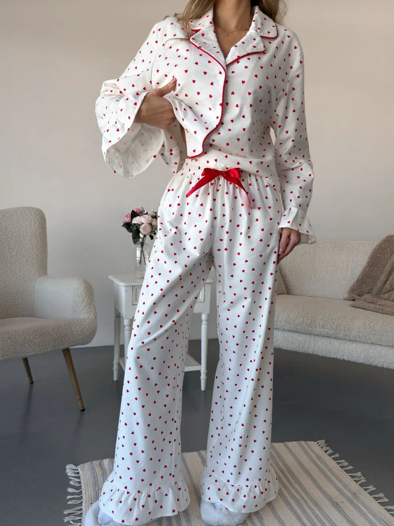 Heart Print Long Sleeve Top and Pants Lounge Set by Partner Label