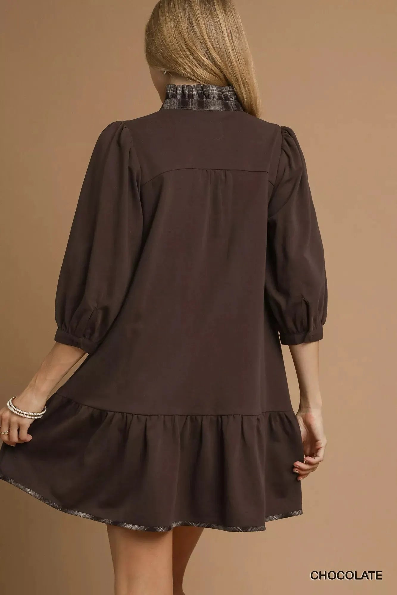 Umgee French Terry Ruffle Hem Dress with Plaid Trim by Umgee