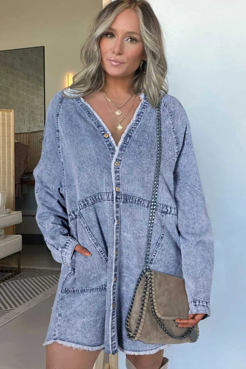 Raw Hem Button Down Long Sleeve Denim Dress by Partner Label