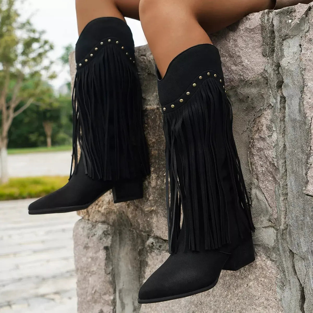 Fringe Point Toe Block Heels Boots by Partner Label